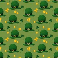 Seamless pattern for St. Patrick's Day with green hats, gold coins and clover twigs on green background. Festive pattern for packaging design, background and decor vector
