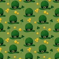 Seamless pattern for St. Patrick's Day with green hats, gold coins and clover twigs on green background. Festive pattern for packaging design, background and decor vector