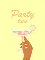 Party time. Human hand is holding cocktail. Modern cold alcoholic and non-alcoholic drinks with ice and lemon. Summer card with drinks on the yellow background. vector