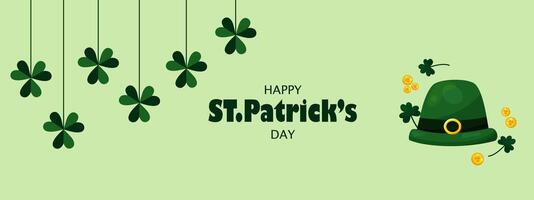 Banner for St. Patrick's Day on March 17 with shamrocks suspended on string. Garland of green shamrocks with place for text on green background and green Irish hat with coins. vector