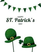 St. Patrick's Day card with green Elf hats on sticks and garlands of flags on white background. Festive background for web use, printing and unique festive design. vector