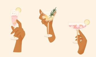 Human hand is holding cocktail. Modern cold alcoholic and non-alcoholic drinks with ice, lemon and rosemary. Summer drinks. Drinks for the bar. Modern minimalistic illustration with texture. vector