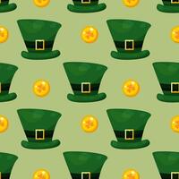 Seamless pattern for St. Patrick's Day with green hats and gold coins on green background. Festive pattern for packaging design, background and decor vector