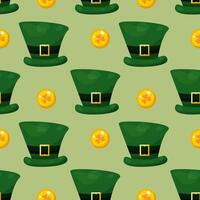 Seamless pattern for St. Patrick's Day with green hats and gold coins on green background. Festive pattern for packaging design, background and decor vector