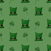 Seamless pattern for St. Patrick's Day with green hats and clover twigs on green background. Festive pattern for packaging design, background and decor vector