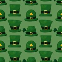 Seamless pattern for St. Patrick's Day with green hats and clover twigs on green background. Festive pattern for packaging design, background and decor vector