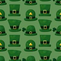 Seamless pattern for St. Patrick's Day with green hats and clover twigs on green background. Festive pattern for packaging design, background and decor vector