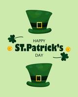 S t. patrick's día saludo tarjeta en marzo 17 con monedas, tréboles y dos verde irlandesa duende tapas en verde antecedentes. contento S t. patrick's día. vector