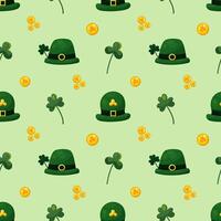 Seamless pattern for St. Patrick's Day with green hats, gold coins and clover twigs on green background. Festive pattern for packaging design, background and decor vector