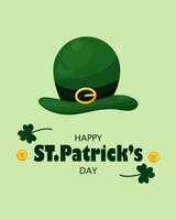 St. Patrick's Day greeting card on March 17th with coins, shamrocks and green Irish elf cap on green background. Happy St. Patrick's Day. vector