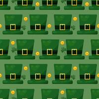 Seamless pattern for St. Patrick's Day with green hats, gold coins and clover twigs on green background. Festive pattern for packaging design, background and decor vector