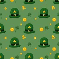 Seamless pattern for St. Patrick's Day with green hats, gold coins and clover twigs on green background. Festive pattern for packaging design, background and decor vector