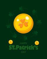 St. Patrick's Day greeting card on March 17th with coins and shamrocks. Yellow coins and shamrocks on green background. Happy St. Patrick's Day. vector