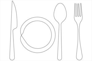 Continuous single line art drawing of food tools for plate, knife, spoon and fork vector illustration