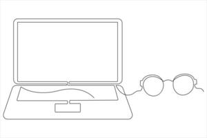 Continuous one line art drawing of laptop concept with eyeglasse outline vector illustration