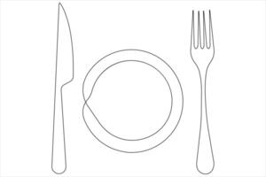 continuo soltero línea Arte dibujo de comida herramientas para lámina, cuchillo y tenedor contorno vector ilustración