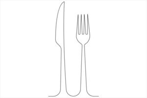 continuo soltero línea dibujo de comida herramientas para cuchillo y tenedor contorno vector ilustración