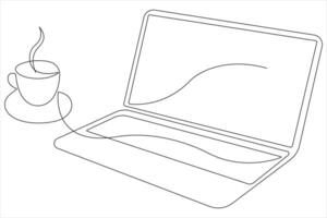 Continuous one line art drawing of laptop concept with coffee outline vector illustration