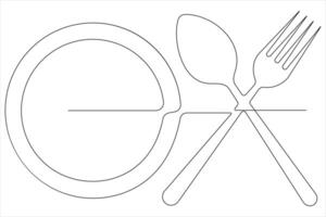 Continuous single line drawing of food tools for plate, spoon and fork vector illustration