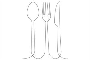 Continuous single line art drawing of food tools for spoon, knife and fork outline vector illustration