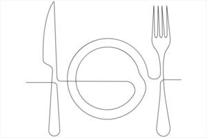 continuo soltero línea Arte dibujo de comida herramientas para lámina, cuchillo y tenedor contorno vector ilustración