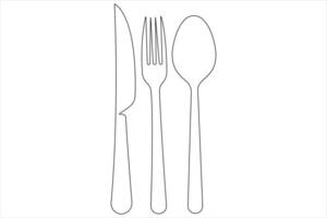 continuo soltero línea Arte dibujo de comida herramientas para cuchara, cuchillo y tenedor contorno vector ilustración