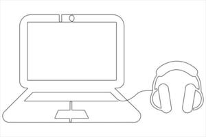 Continuous one line art drawing of laptop concept with headphone outline vector illustration