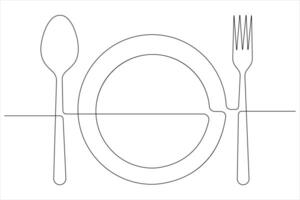 Continuous single line drawing of food tools for plate, spoon and fork vector illustration