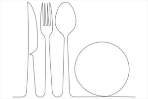 Continuous single line art drawing of food tools for plate, knife, spoon and fork vector illustration