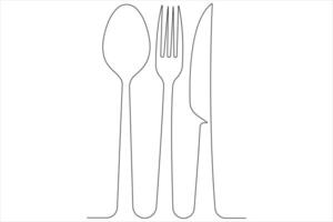 Continuous single line art drawing of food tools for spoon, knife and fork outline vector illustration