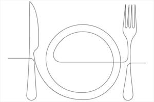 Continuous single line art drawing of food tools for plate, knife and fork outline vector illustration