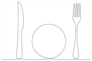 Continuous single line art drawing of food tools for plate, knife and fork outline vector illustration