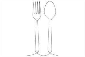 Continuous single line drawing of food tools for spoon and fork outline vector illustration