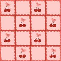 Seamless checkered pattern with cherries with bows. Vector graphics.