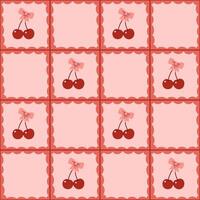 Seamless checkered pattern with cherries with bows. Vector graphics.