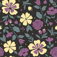 Seamless pattern with purple and yellow flowers on a black background. Vector graphics.