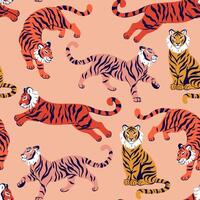 Seamless pattern with wild tigers in orange and yellow colors. Vector graphics.