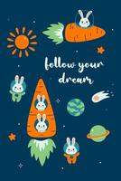 Postcard or poster with space in carrot spaceships. Vector graphics.