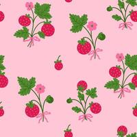 Seamless pattern with strawberry branches tied with ribbons. Vector graphics.