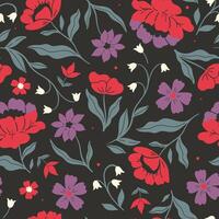 Seamless pattern with red, purple and white flowers on a black background. Vector graphics.