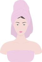 Young woman with towel in head and in bath towel. Home beauty routine. Home spa procedure vector