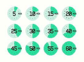 Collection of 8Bit Pixel Timers of Green Color on Isolated Background, Vector Design