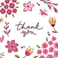 Thank you. Romantic greeting card with lettering and scandinavian flowers in light colours. Floral greeting cards, poster, social media post or banner template vector