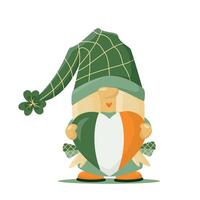 Hand drawn cute gnome girl in St Patrick's disguise with heart in ireland flag colours. Irish gnome with shamrocks on hat for good luck. Vector illustration for cards, decor, shirt design, invitation