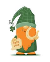 Hand drawn cute gnome in St Patrick's disguise with horseshoe and shamrock. Irish gnome  for good luck. Vector illustration for cards, decor, shirt design, invitation, banner