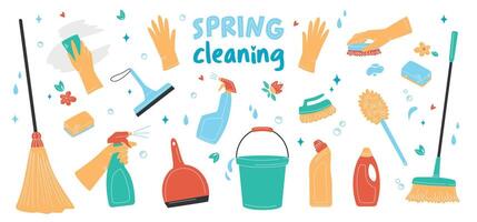 Hand drawn set of cleaning supplies, bottles, brush, spray, sponge, gloves. Spring cleaning and Housework concept. Various Cleaning items. Isolated Vector illustrations