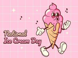 National Ice Cream Day in Retro Style. Vector illustration with groovy mascot