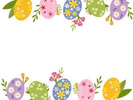 Easter background with copy space for text. Abstract frame made of Easter eggs and flowers. Vector illustration