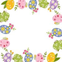 Easter background with copy space for text. Abstract frame made of Easter eggs and flowers. Vector illustration