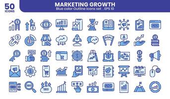 Marketing growth blue colored outline icons set vector